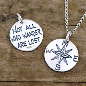 Compass necklace | not all who wander are lost pendant | tolkien quote jewelry sterling silver charm | artisan handmade charm jewelry