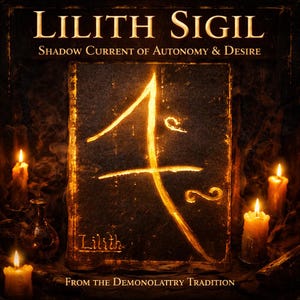 May include: A dark, aged book with the words "LILITH SIGIL" and "Shadow Current of Autonomy & Desire" in gold lettering. A glowing sigil is centered on the book, surrounded by lit candles and the text "From the Demonolatry Tradition".