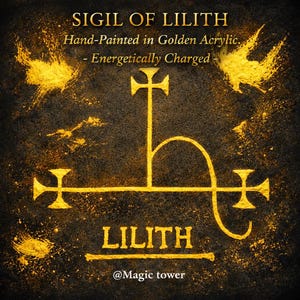 May include: A golden sigil of Lilith, hand-painted on a dark background with golden accents. The text reads "SIGIL OF LILITH", "Hand-Painted in Golden Acrylic", "- Energetically Charged -", and "LILITH". The Etsy shop name "@Magic tower" is also included.