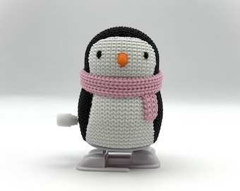 3D Printed Wind-Up Penguin Toy: Crocheted Style, Pink Scarf