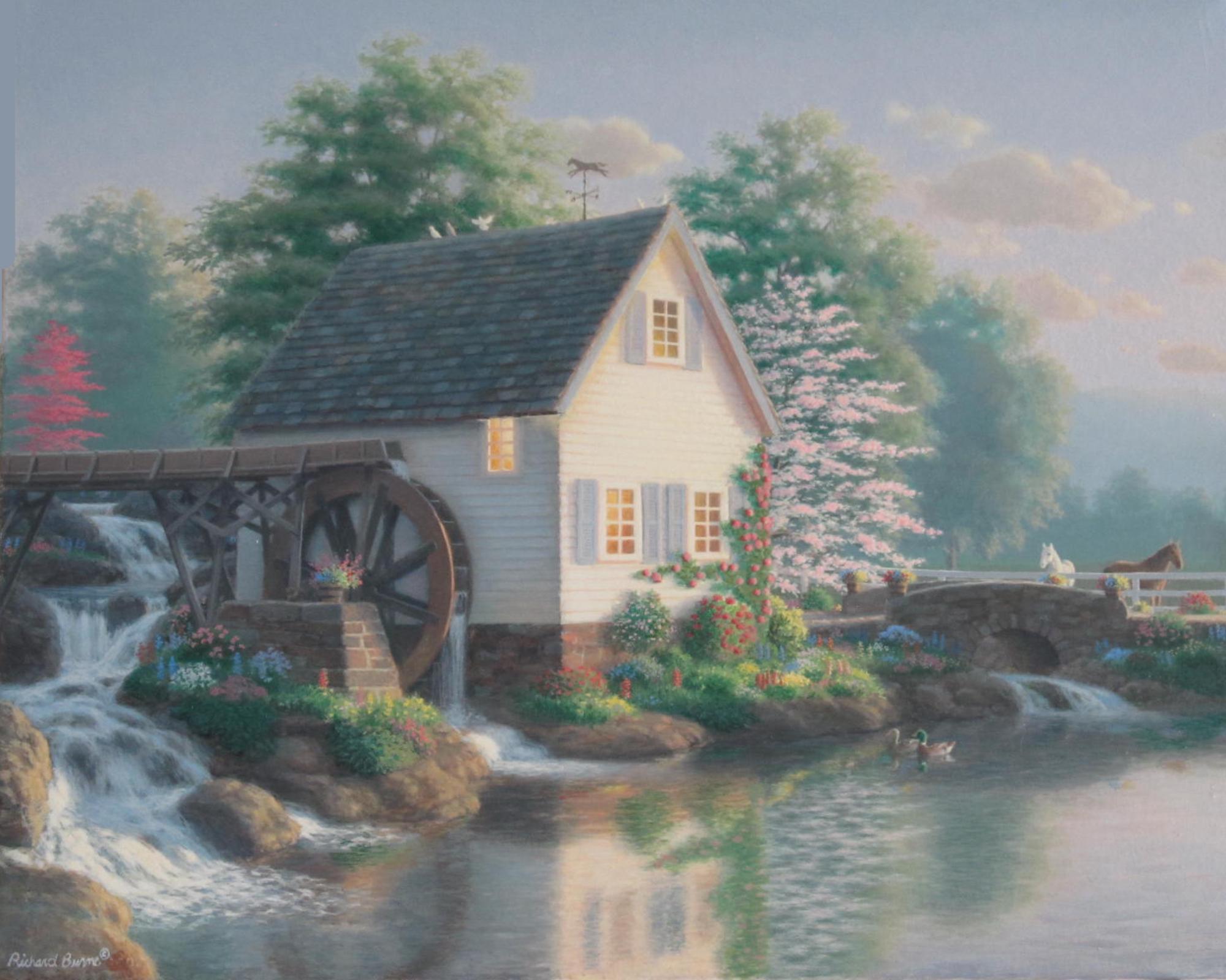 Old Mill Nostalgia Country Scene, Original Acrylic Painting, The Miller's Pond by Richard Burns, Acrylic on Canvas, 16 x 20.