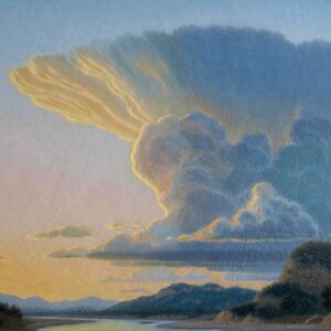 May include: A painting of a dramatic, stormy sky with a large, dark cloud illuminated by a golden light. The cloud is above a river and hills in the distance.