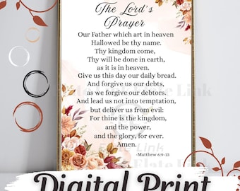 El Padre Nuestro, Mateo 6:9-13, Versículo bíblico, Arte mural, Cristiano (Descarga digital JPG)