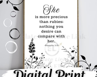 Proverbios 3:15, Ella es más preciosa que las piedras preciosas, Versículo bíblico (Descarga digital, JPG)