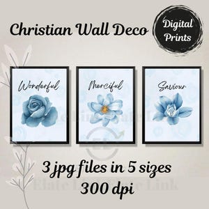 May include: Three digital prints with blue watercolor flowers and the words "Wonderful", "Merciful", and "Saviour" in black text. The prints are on a light blue background.
