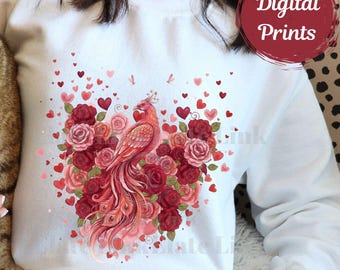 Ave Fénix, Diseño de Corazón Romántico, Diseño de San Valentín, Sublimación (Descarga Digital, PNG)