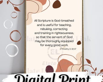 Arte mural con versículos bíblicos de 2 Timoteo 3:16-17 (descarga digital)