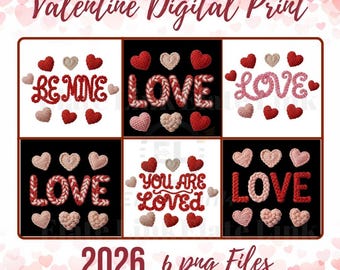 Paquete de San Valentín "Love, Be Mine", estilo crochet, PNG (descarga digital)
