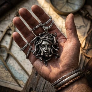 May include: A silver-toned metal pendant featuring a detailed relief of a face surrounded by multiple intertwined snakes, suspended from a matching woven chain. The pendant displays a dark, oxidised finish that highlights the intricate textures.