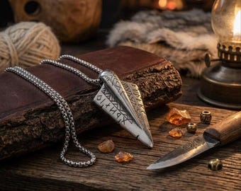 Viking Arrowhead Necklace | Stainless Steel Runic Spearhead Pendant | Norse Elder Futhark Amulet | Pagan Hunter Talisman Gift Men