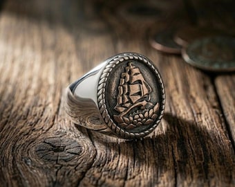 Galleon Ship Signet Ring | Men's Stainless Steel Nautical Ring | Maritime Sailor Jewelry | Old World Merchant Fleet Amulet