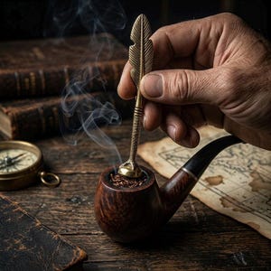 May include: A dark brown wooden tobacco pipe with a black stem and a metallic brass tamper tool shaped like a feather. The brass tool features a textured handle and a flat base, currently resting inside the bowl of the pipe with wisps of smoke.