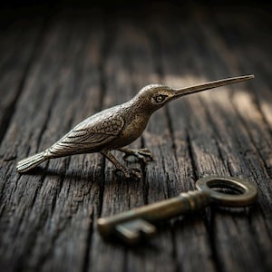 May include: A metallic, bronze-toned figurine of a bird with a long, slender beak, featuring detailed feather textures on its wings and body. Positioned near the bird is a vintage-style metal skeleton key with a round bow and a notched bit.