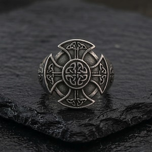 Celtic Cross Shield Ring | Men's Stainless Steel Signet Ring | Viking Trinity Knot Jewelry | Nordic Pagan Statement Ring