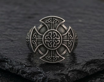 Celtic Cross Shield Ring | Men's Stainless Steel Signet Ring | Viking Trinity Knot Jewelry | Nordic Pagan Statement Ring