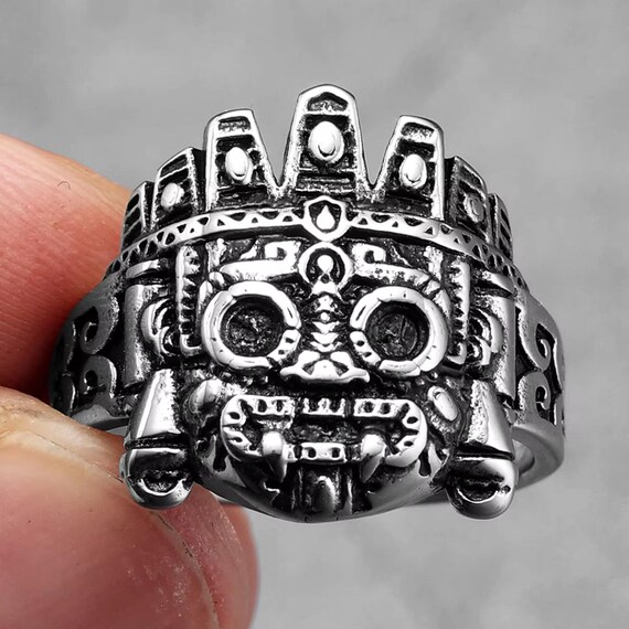 Tláloc Aztec God Ring | Stainless Steel Mens Statement Ring | Chunky Mesoamerican Jewelry | Ancient Mythology Tribal Amulet