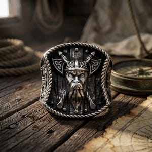 Könnte beinhalten: Ein silberfarbener Metallring mit einem detaillierten Relief eines bärtigen Kriegers mit Helm, flankiert von zwei gekreuzten Äxten. Das zentrale Design ist von einem seilartigen Rand umrahmt, wobei ein dunkles, oxidiertes Finish die Texturen betont.