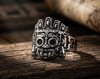 Tláloc Aztec God Ring | Stainless Steel Mens Statement Ring | Chunky Mesoamerican Jewelry | Ancient Mythology Tribal Amulet