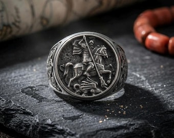 St. George Dragon Slayer Ring | Stainless Steel Knight Signet | Christian Warrior Jewelry | Stoic Symbol of Courage & Faith | Gift for Him
