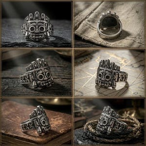 Antiqued silver Aztec God of Rain statement ring showcasing multiple angles on real world thematic backgrounds, a weathered ship decking, rope, parchment.