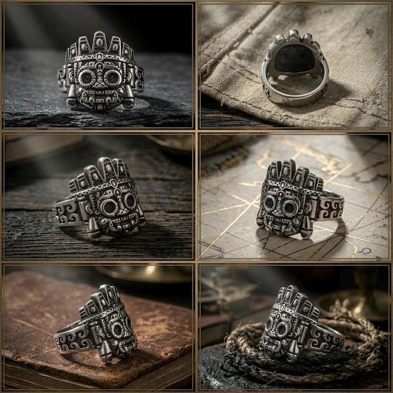 Antiqued silver Aztec God of Rain statement ring showcasing multiple angles on real world thematic backgrounds, a weathered ship decking, rope, parchment.