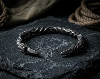 Viking Raven Cuff Bracelet | Men's Twisted Steel Norse Torque | Odin's Bird Arm Ring | Nordic Navigator Wristband | Heavy Mythological Band