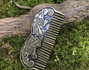 Norse Tarnished Steel Beard Comb | Odin Raven Metal Comb | Custom Mustache & Hair Care | Gift For Men | Norse Mythology Beard Tool