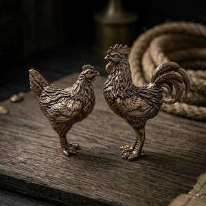 Pure Copper Rooster | Hen Figurines | Miniature Old World Desk Decor | Rustic Metal Farmhouse Sculptures | Prosperity Tea Pet Talisman