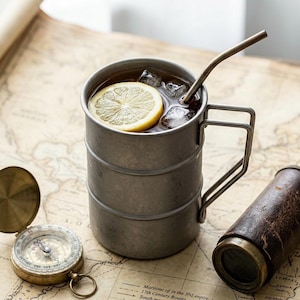 May include: A cylindrical metal mug with a handle, filled with a dark liquid, ice cubes, and a lemon slice, featuring a metal straw. The mug has a matte grey finish and a tiered design resembling a barrel, providing a sturdy vessel for cold drinks.