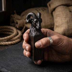 May include: A dark brown, hand-carved wooden sculpture featuring the detailed head and curled horns of a ram atop a rectangular base. The wood grain is visible throughout the piece, showcasing intricate textures on the animal's fur and horns.