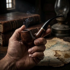 Puede incluir: Una pipa de tabaco de madera marrón oscuro pulida con una boquilla negra curva y una fina banda de metal dorado. Un fino hilo de humo gris se eleva desde el hornillo de la pipa, que presenta un veteado suave y un acabado profundo.