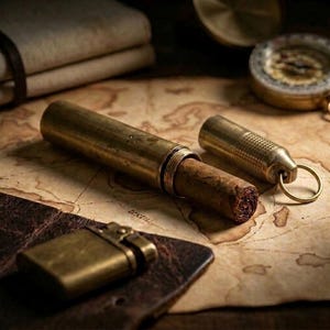 以下が含まれることがあります： ネジ式の蓋と金属製のリングが付いた円筒形の真鍮製シガーケースで、茶色の葉巻が入っています。その横には長方形の真鍮製ライターが置かれています。これらのアイテムは、コンパスが近くにあるヴィンテージ風の地図の上に配置されています。