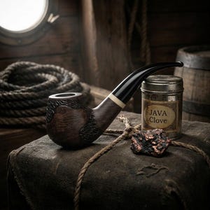 May include: A dark brown wooden tobacco pipe with a textured bowl and a smooth black stem featuring a white band. Next to the pipe sits a metallic cylindrical tin labeled JAVA Clove and a small, rough, copper-colored mineral specimen.