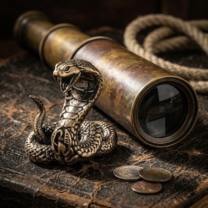 May include: A metallic bronze-toned cobra figurine in a coiled, upright striking position with detailed scales, positioned next to a weathered brass telescope, a length of coiled rope, and three small circular coins on a dark textured surface.