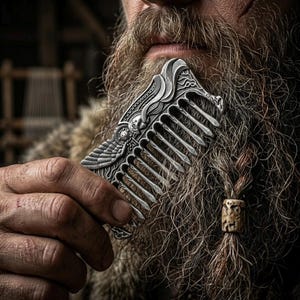 Peigne à barbe en métal Viking Warrior | Outil de toilettage scandinave lourd | Peigne de poche pour hommes | Cadeau robuste pour mari | Accessoire de barbier d'antan