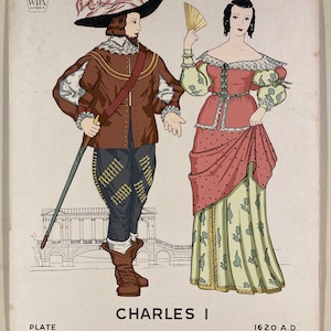 WPA Museum Extension Project:  18&quot; x 23&quot; Costume Drawing, Hand-Colored Silkscreen Print.  Charles I, Plate No. 49, 1620-1660 AD
