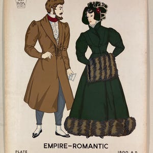 WPA Museum Extension Project:  18&quot; x 23&quot; Costume Drawing, Hand-Colored Silkscreen Print.  Empire-Romantic, Plate N0. 94, 1800-1840 AD