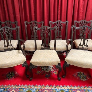 Set of Eight Nineteenth Century Antique Gothic Chippendale Style Carved Solid Mahogany Dining chairs