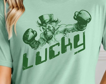 Lucky Boxing Leprechaun Monotone Fitness T-Shirt, Motivational St. Patrick’s Day Gym Apparel & Irish Pride Workout Tee, Monochromatic Design