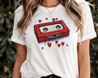 Vintage Valentine&#39;s Cassette Tee, Vintage Music Lover Shirt, Heart Pouring Out Love T-Shirt, Romantic Gift Top, Unisex Jersey Short Sleeve