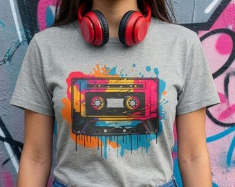 Retro Cassette Tape T-Shirt, Colorful Graffiti Music Tee, 80s 90s Hip Hop Shirt, Vintage Boombox Style, Music Lover Gift