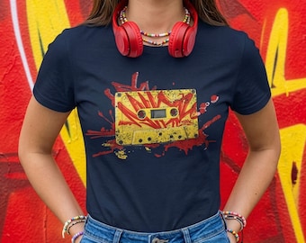 90s Cassette Tape T-Shirt, Retro Mixtape Graffiti Graphic, Vintage Hip-Hop Streetwear, Neon Splash Nostalgia Gift 2025