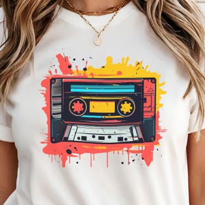 Retro Cassette Tape T-Shirt, 80s/90s Vintage Mix-Tape Graphic Tee, Neon Paint-Splash Design, Nostalgia Music Lover Gift 2025