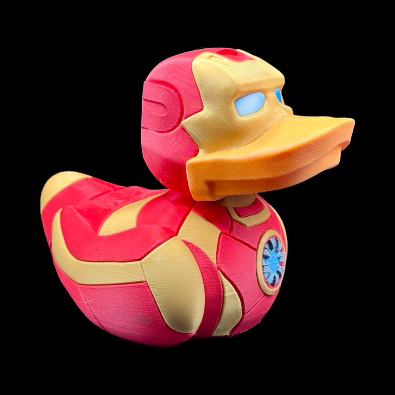 Unique Desk Toy Iron Man Duck Superhero Display Office Shelf Statue Marvel Collectible Figure Rubber Duck Design Birthday Gift Present Fan Enthusiast Item 3D Printed PLA Premium Construction Red Gold Armor Arc Reactor Detail Avenger