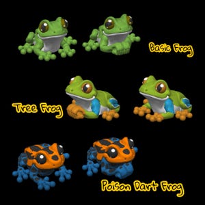 May include: A collection of cartoon frog figurines in various colors. The frogs are green, orange, and blue, with large eyes and detailed features. The image includes the text "Basic Frog", "Tree Frog", and "Poison Dart Frog".