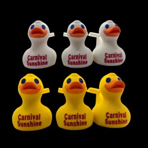 May include: Six rubber duck toys, three white and three yellow, with orange beaks and blue eyes. Each duck has the words "Carnival Sunshine" printed on its front. The ducks are arranged against a black background.
