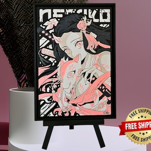 Nezuko Kamado Anime Art Nezuko Fan Art Wall Decor Demon Slayer 3D Nezuko Collectible Anime Gift Framed Painting Nezuko Kamado Demon Slayer