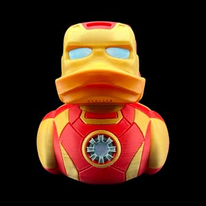 3D Printed Iron Man Duck Figure Premium PLA Construction Superhero Rubber Collectible Toy Marvel Fan Gift Red Gold Armor Design Arc Reactor Detail Smooth Finish Quality Birthday Present Unique Desk Display Office Shelf Statue Avenger
