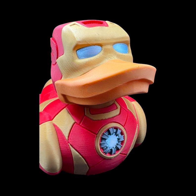Iron Man Duck Superhero Rubber Collectible Figure Marvel Fan Gift Birthday Present Unique Desk Toy Office Display Shelf Statue Avenger Enthusiast Collector Item 3D Printed PLA Filament Red Gold Armor Arc Reactor Design Premium Construction