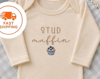 Embroidered Stud Muffin Bodysuit, Cottagecore Baby Announcement, Blueberry Muffin Pregnancy Announcement, Cute Funny Baker Baby Gift